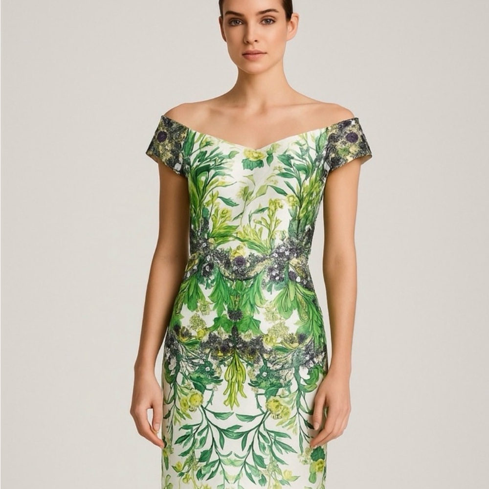 Off-Shoulder Green Floral Wedding Dress